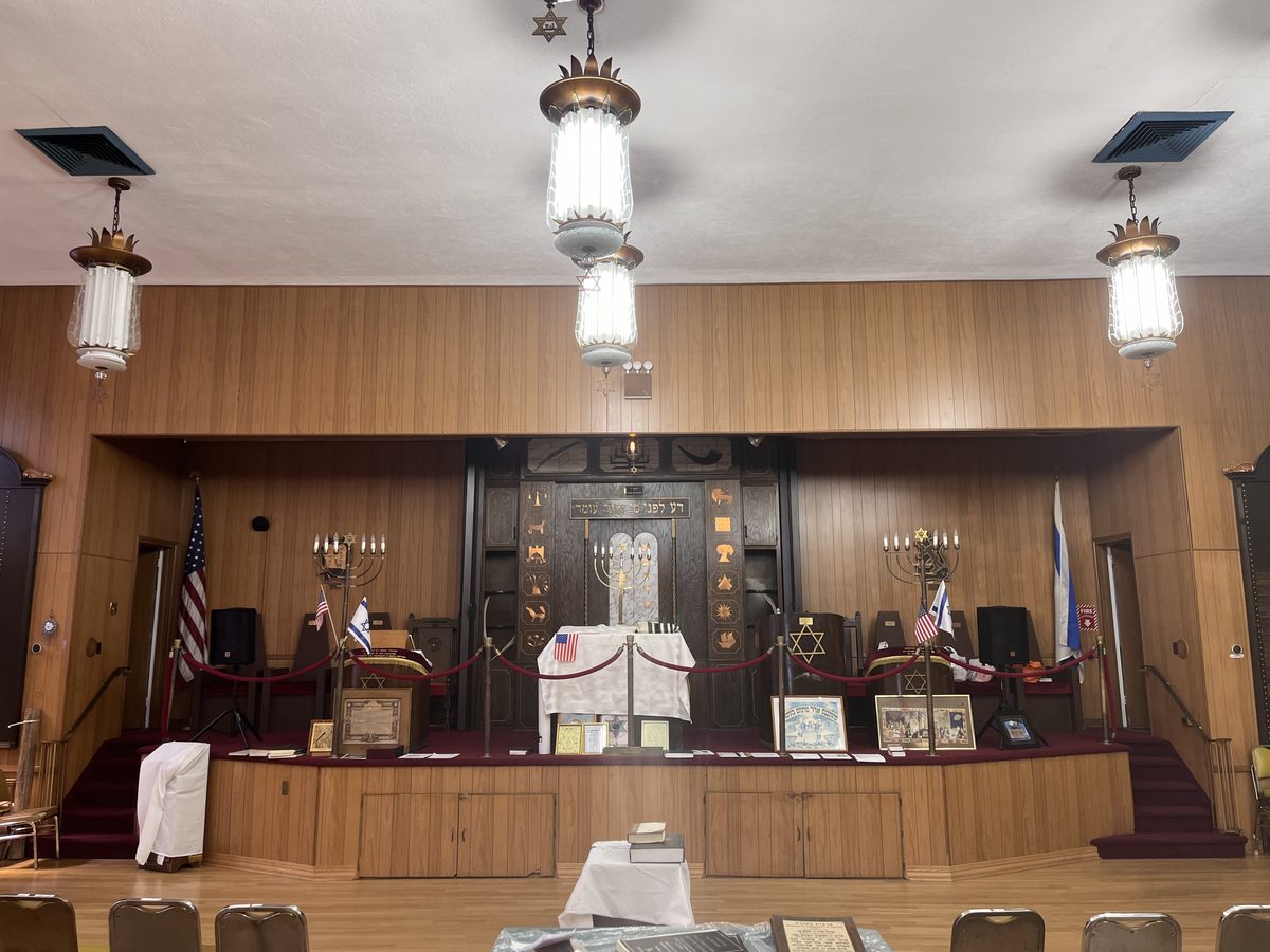 The sanctuary and ark at Ave Z Jewish Center